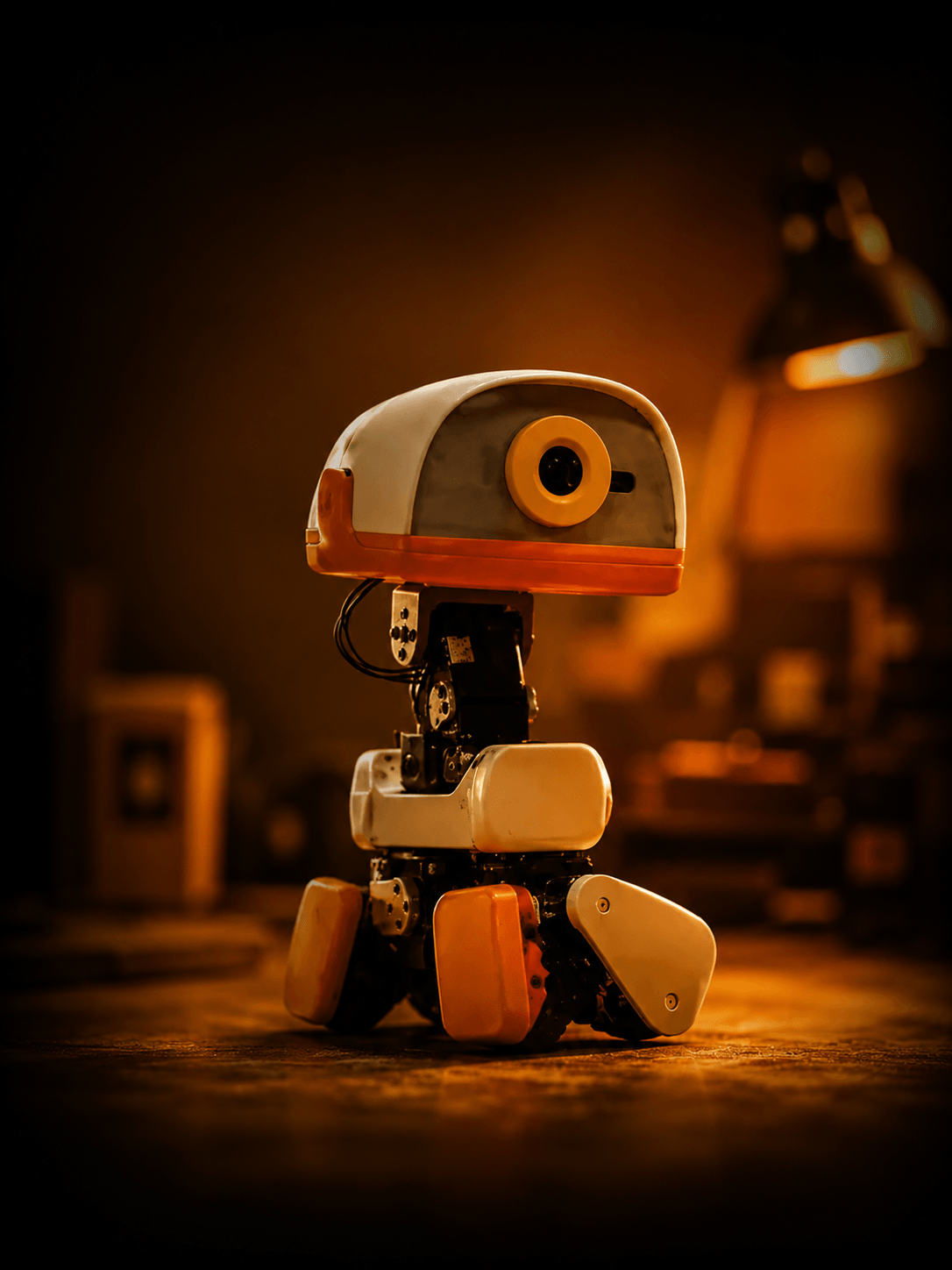 Microduck standing on a workbench, lit by a warm desk lamp